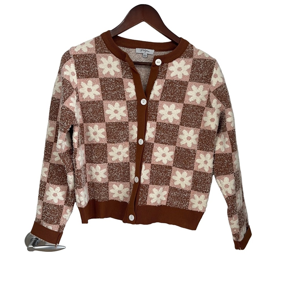 Brown and Cream Checkered Cardigan